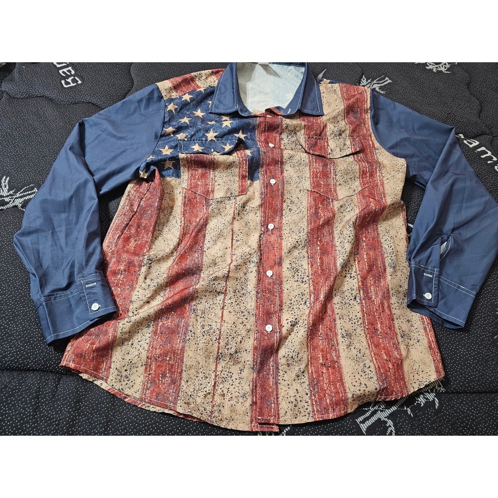 Mens American Flag Distressed Button Down Shirt Long Sleeve Patriotic XL